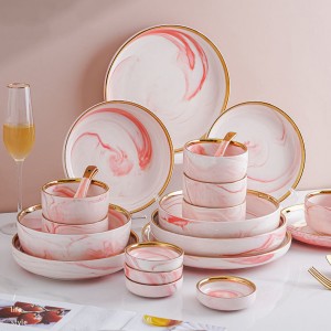 óir bainise só líne rimmed plátáilte ceirmeach dinnerware pláta dinnéir agus babhla marmair dinnéar leagtha porcelain