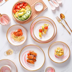 luxury wedding gold rimmed line plated ceramic dinnerware dinning plate and bowl marble dinner set porcelain