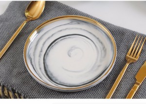 luxury wedding gold rimmed line plated ceramic dinnerware dinning plate and bowl marble dinner set porcelain