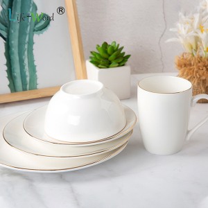 Conjunto de jantar de porcelana 16 peças com aro dourado