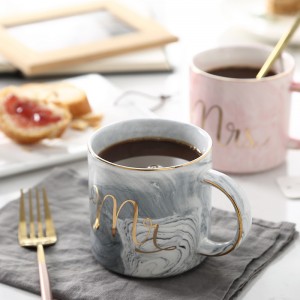 Copo de mármore personalizado com design de porcelana impresso em cerâmica mr mrs conjunto de canecas de presente para casal de café em mármore para casamento