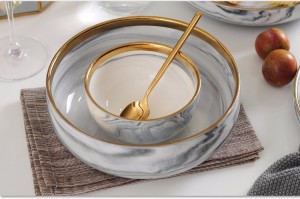 luxury wedding gold rimmed line plated ceramic dinnerware dinning plate and bowl marble dinner set porcelain