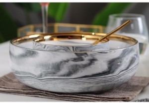 luxury wedding gold rimmed line plated ceramic dinnerware dinning plate and bowl marble dinner set porcelain