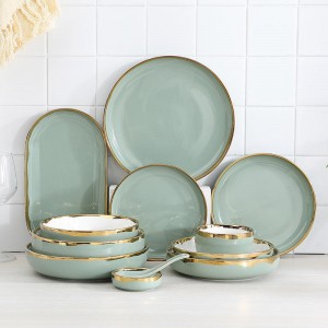 Nordic Style Tableware Golden Rim Plates Soup Sets Dinnerware Ceramic Dinner Noodle Bowl Household Dish European Dinnerware Sets