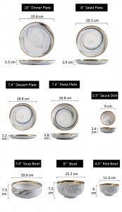 Vaisselle en céramique plaquée ligne bordée d'or de mariage de luxe assiette et bol en marbre service de table en porcelaine