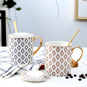 Gran oferta, taza geométrica minimalista creativa, taza de cerámica, taza de café con cuchara y tapa