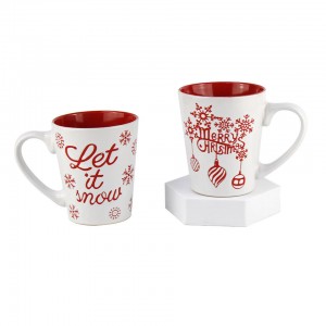 Red Color Inside Handmade Ceramic Mugs Christmas Embossed Logo Ceramic Mug