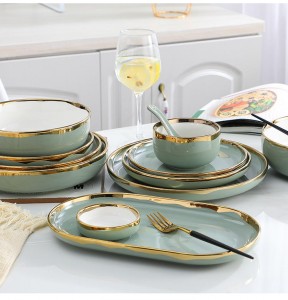 Nordic Style Tableware Golden Rim Plates Soup Sets Dinnerware Ceramic Dinner Noodle Bowl Household Dish European Dinnerware Sets