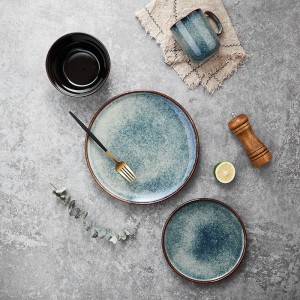 Wholesale Blue Glaze Ceramic Plate Elegant Crockery Dinnerware Set for Restaurant Dishes Plates Set Vaisselle Dinner Plate