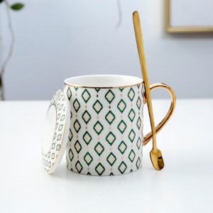 Gran oferta, taza geométrica minimalista creativa, taza de cerámica, taza de café con cuchara y tapa