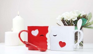 Set of 2 Creative Coffee Cups Double Two Large Cups & Spoons for Couples Ceramics Mug Milk Water Tea Cup