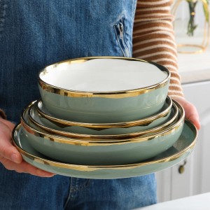 Nordic Stil Geschirr Golden Rim Platten Suppe Sets Geschirr Keramik Abendessen Nudel Schüssel Haushalt Gericht Europäischen Geschirr Sets