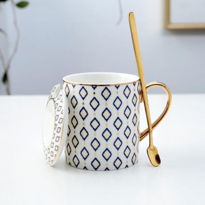 Gran oferta, taza geométrica minimalista creativa, taza de cerámica, taza de café con cuchara y tapa