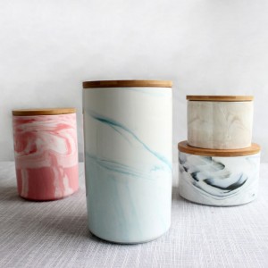 oem decorative grey pink marble effect look design with wooden lid cookie coffee tea food ceramic storage canister jar 3 pcs