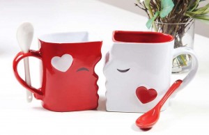 Set of 2 Creative Coffee Cups Double Two Large Cups & Spoons for Couples Ceramics Mug Milk Water Tea Cup