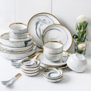 luxury wedding gold rimmed line plated ceramic dinnerware dinning plate and bowl marble dinner set porcelain