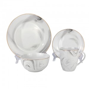 Conjunto de jantar de cerâmica de mármore 16 peças de luxo novo conjunto de jantar de porcelana com aro dourado