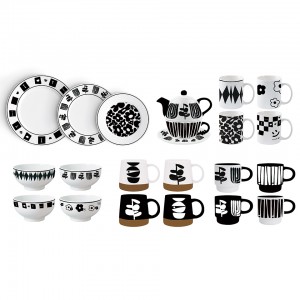 Dearadh Dubh Clasaiceach Ceirmeach Dinnerware Dearadh Retro Mias Babhla agus Mug Dubh Dath Glaze Cupán Caife Teapot