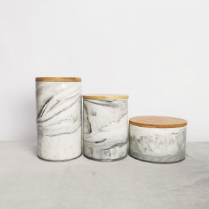 oem decorative grey pink marble effect look design with wooden lid cookie coffee tea food ceramic storage canister jar 3 pcs